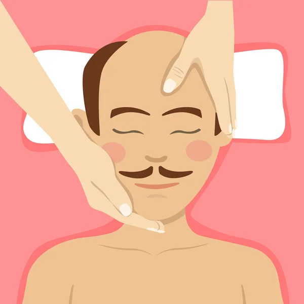 Bald-headed man having head massage in spa. Top view — Stock Vector