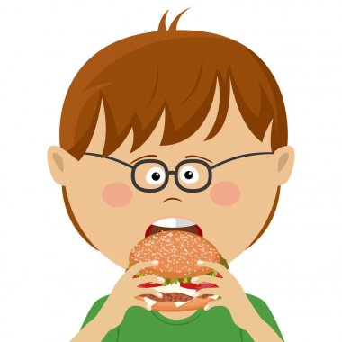 Gözlüklü şirin küçük inek çocuk hamburger yiyor
