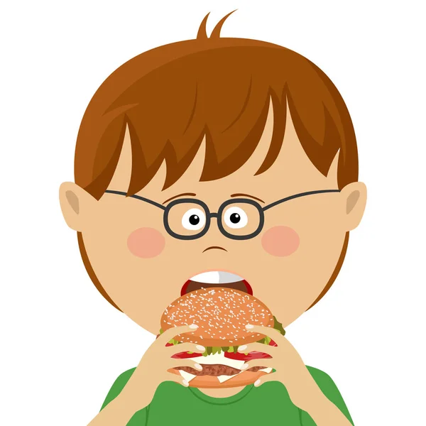 Lindo niño nerd con gafas come hamburguesa — Vector de stock