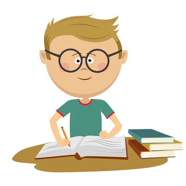 Little nerd boy with glasses doing his homework — Stock Vector