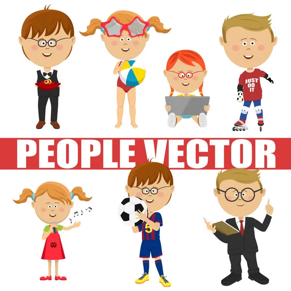 People vector children set. Page boy, roller skater, soccer player, schoolboy, singer, girl with tablet computer