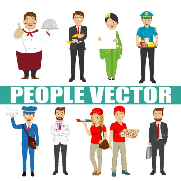 Los jóvenes vector con varios personajes como chef, hombre de negocios, mensajero, cartero, policía, pizza, médico, kimono — Vector de stock