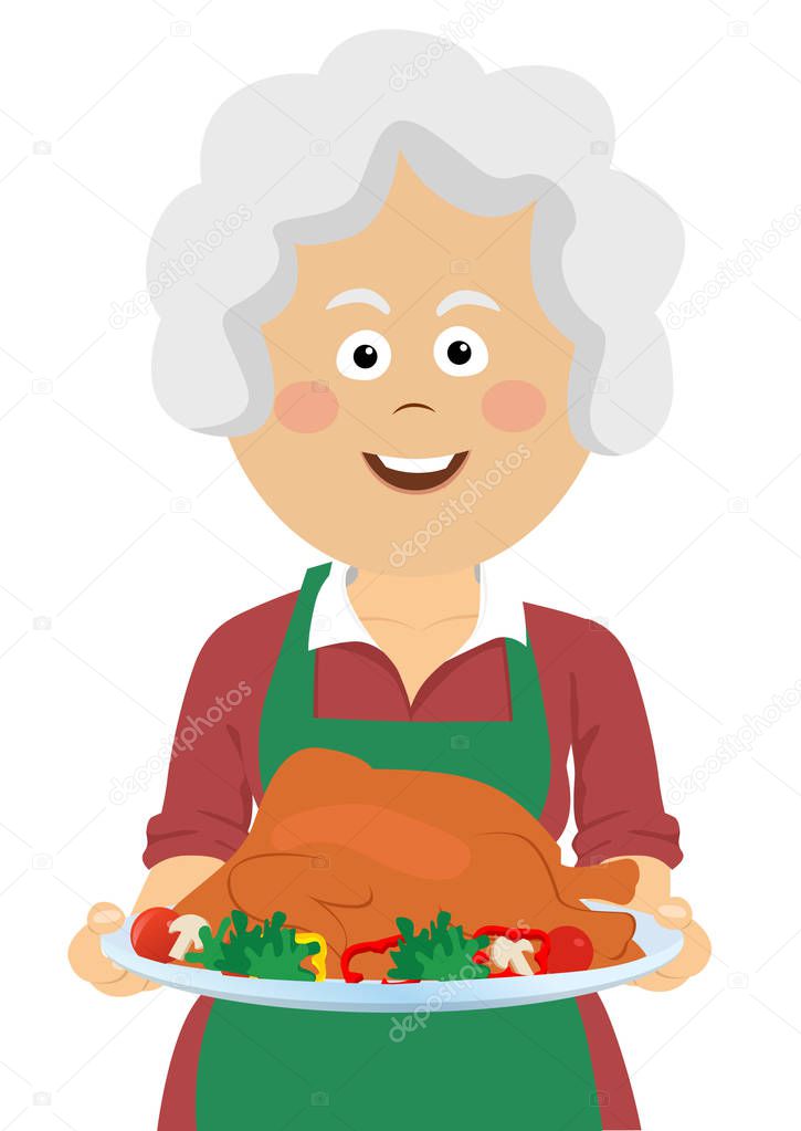 Elderly happy woman holding a tray with thanksgiving turkey