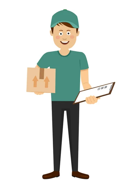 Jovem adolescente de entrega sorridente com caixa e prancheta em mãos em uniforme verde — Vetor de Stock