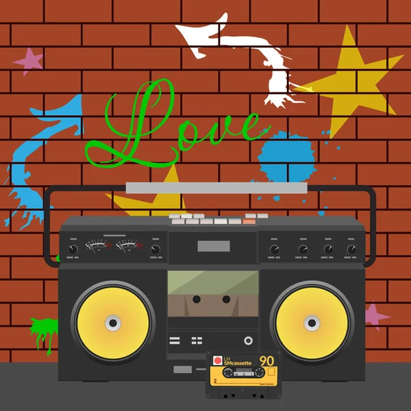 Tape stereo recorder with cassette over graffiti wall — Stock Vector