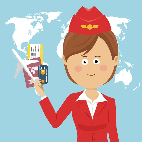 Милая стюардесса в красной форме держит паспорт, билет, кредитную карту и модель самолета над глобальной картой — стоковый вектор