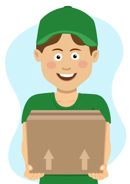 Jovem sorrindo entrega adolescente menino em uniforme verde com caixa de papelão —  Vetores de Stock