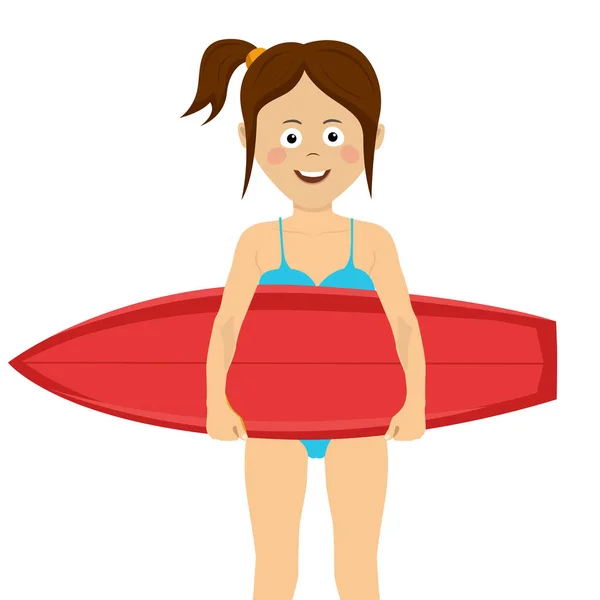Linda chica adolescente divertida con una tabla de surf roja sobre fondo blanco — Vector de stock