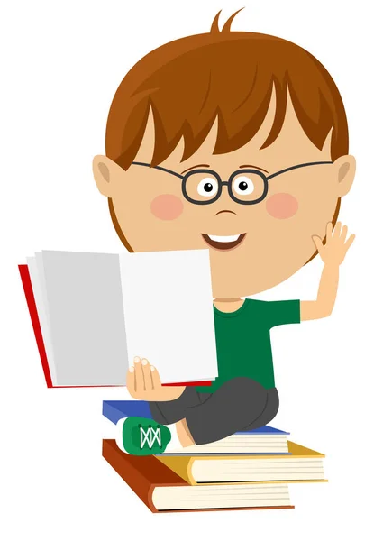 Cute nerd little boy shows open textbook sitting on stack of books — Stock Vector