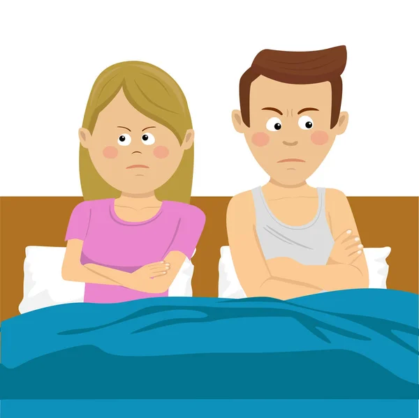 Mensen, relatie problemen en familie concept - ongelukkige paar met conflict in bed thuis — Stockvector