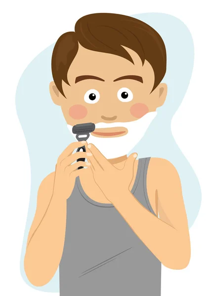 Dospívající chlapec holení pro první čas, příprava do školy ráno. — Stockový vektor