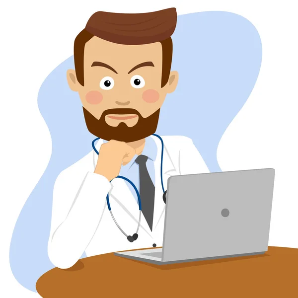 Serious therapist doctor with stethoscope sitting at the table with laptop — Stock Vector