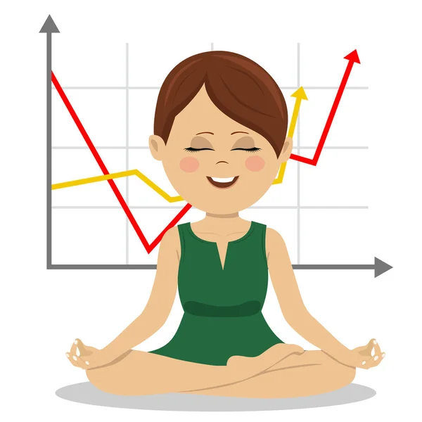 Mujer de negocios joven se sienta en la pose de loto sobre el gráfico que muestra la tendencia positiva de crecimiento — Vector de stock