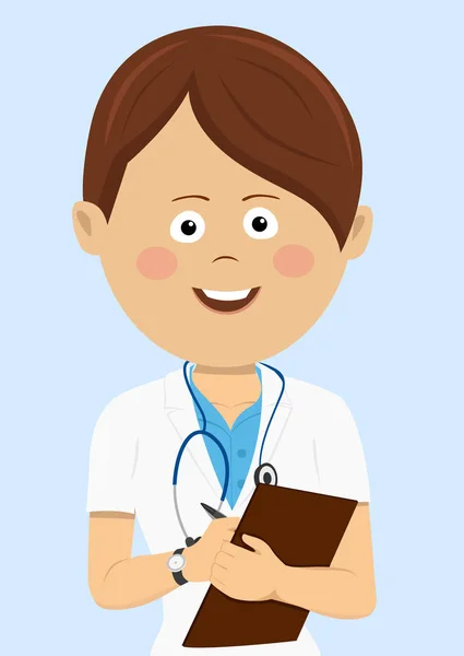 Female doctor in uniform with clipboard and stethoscope writting isolated on blue background — Stock Vector