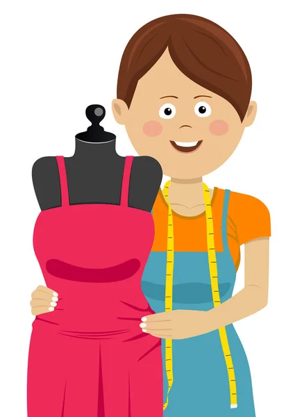 Junge Schneiderin arbeitet in Werkstatt mit neuem Kleid — Stockvektor