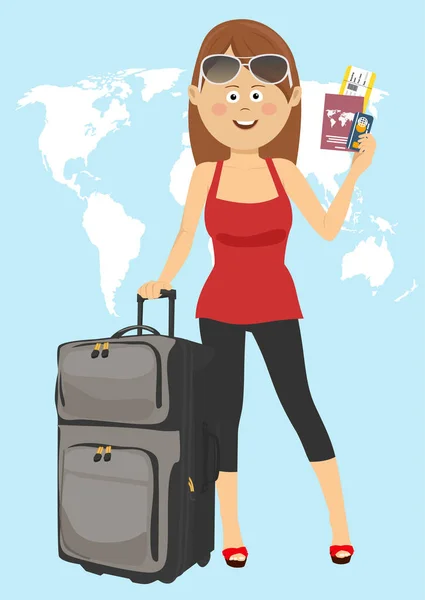 Jovem turista fica com mala segurando passaporte e bilhetes sobre mapa do mundo —  Vetores de Stock