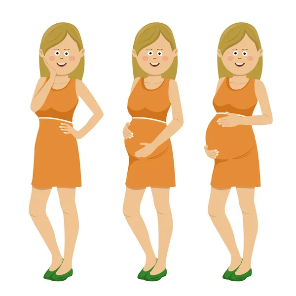 Gravid kvinna i olika skeden av graviditeten isolerad på vit bakgrund — Stock vektor