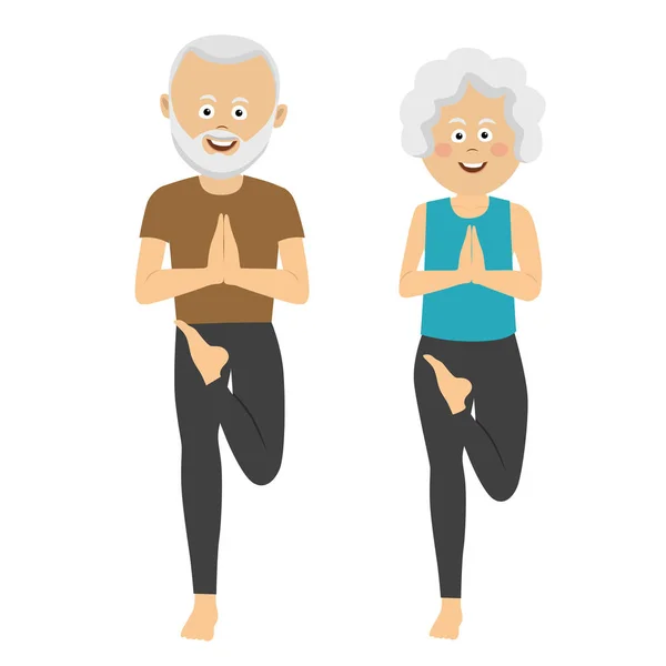 Elderly people doing exercises. Healthy active lifestyle retiree. Sport for grandparents, elder fitness, yoga — Stock Vector