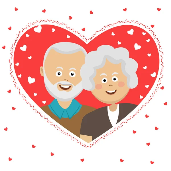 Feliz pareja de ancianos detrás del marco en forma de corazón — Vector de stock