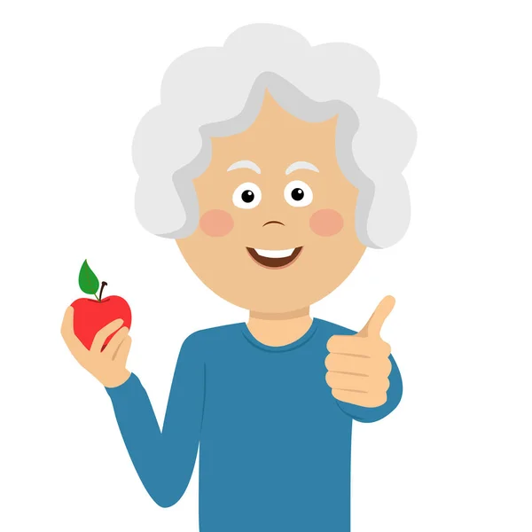 Glückliche ältere Frau hält einen roten Apfel in der Hand und drückt den Daumen nach oben — Stockvektor