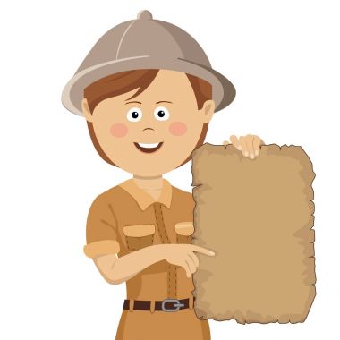 Kaydırma hazine haritası tutan safari şapka kadında genç sevimli explorer