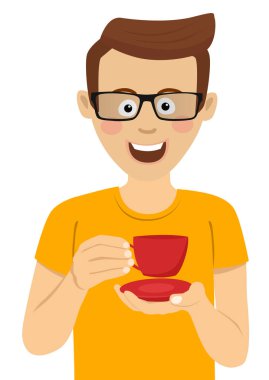 Çay tutan gözlüklü genç adam