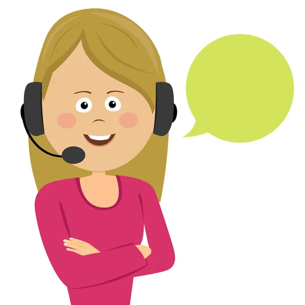Θηλυκό πελάτη φορέα υπηρεσιών με ακουστικά και ομιλία φούσκα — Διανυσματικό Αρχείο