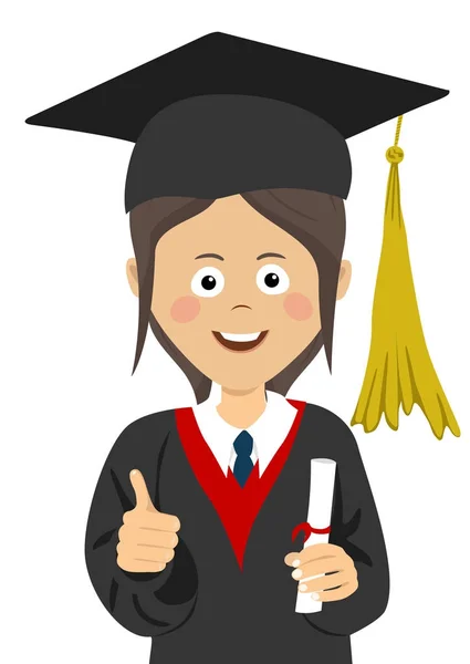 Young girl graduate student in graduation cap and mantle with a university diploma in her hand giving thumbs up — Stock Vector