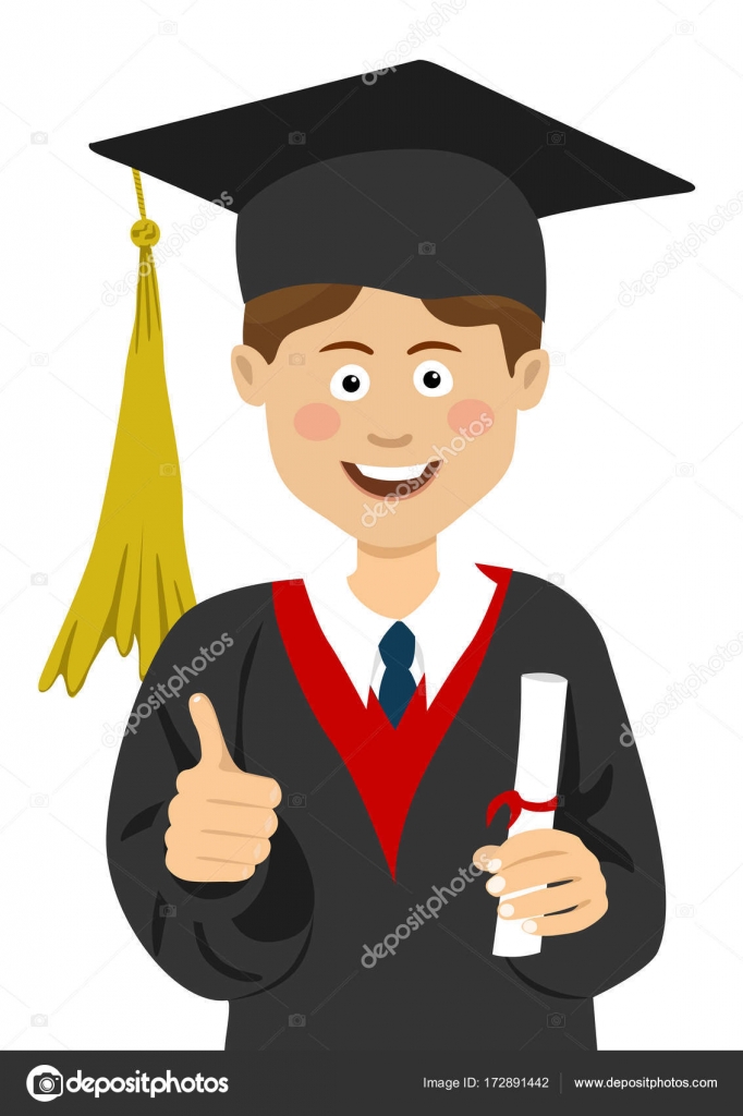 彼の手は 親指をあきらめて大学卒業証書と卒業の帽子とマントの少年大学院生 ストックベクター C Flint01