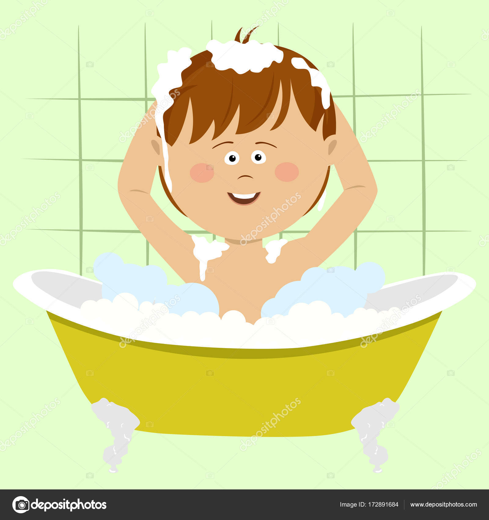 Sonriente hermoso bebé niño bañándose en bañera con ducha en casa