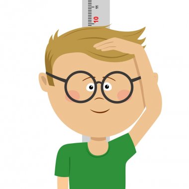 Little nerd boy measuring height himself against white wall. Smiling cute boy measures his height. Boy growing tall clipart