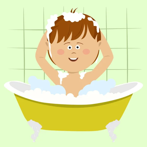 Smiling beautiful baby boy bathing in bathtub with shower at home — Stock Vector