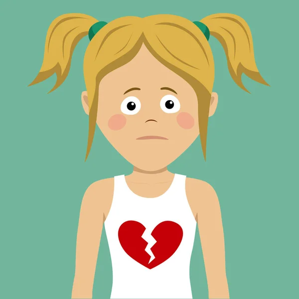 Ongelukkige tiener meisje met gebroken hart op haar t-shirt — Stockvector