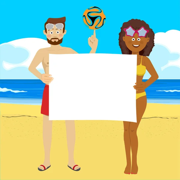 Voetbal-, sport-, fitness- en mensen concept - jongeren met voetbal op strand van de zomer houden leeg bord — Stockvector