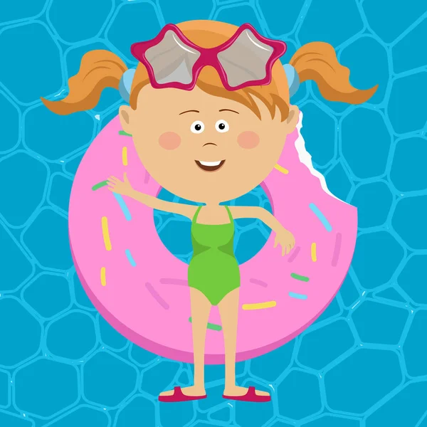 귀여운 소녀는 수영장에서 풍선 도넛에 수레 — 스톡 벡터