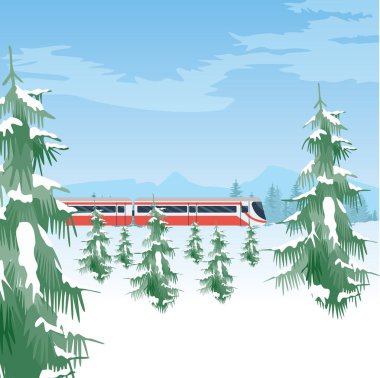 Tren ile karlı manzara. Kış orman ve gökyüzü. Karla kaplı ağaçlar ile güzel doğal arka plan