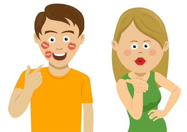 Freundin schickt Luftkuss zu ihrem Freund, der sein Gesicht voller Küsse zeigt — Stockvektor