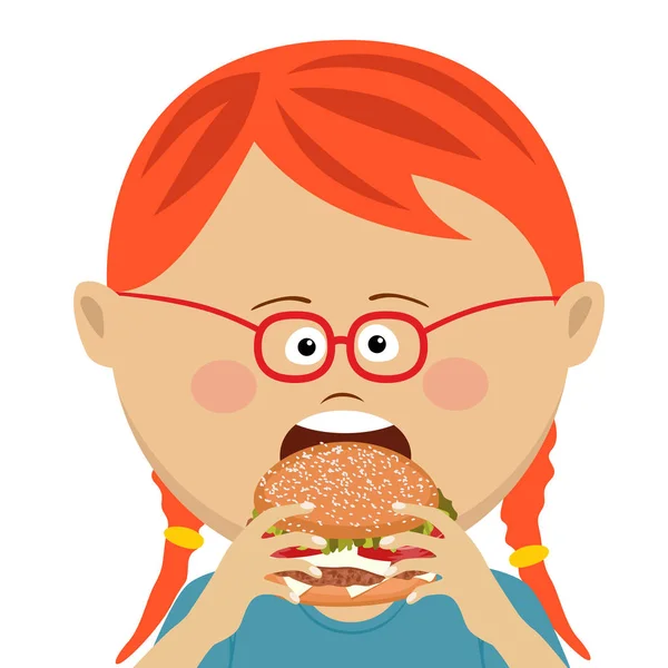 Niedliche rothaarige kleine Mädchen essen einen Hamburger auf weißem Hintergrund — Stockvektor