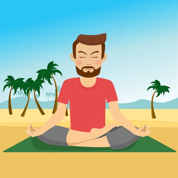 Joven haciendo yoga en una alfombra en la playa tropical — Vector de stock