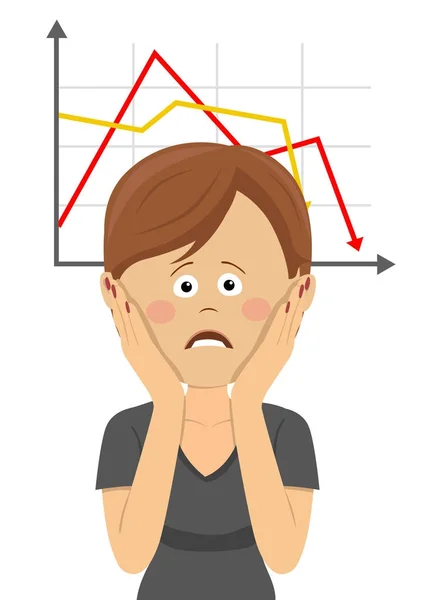 Fiatal nő szorongatta a fej felett a diagram lement csődbe — Stock Vector