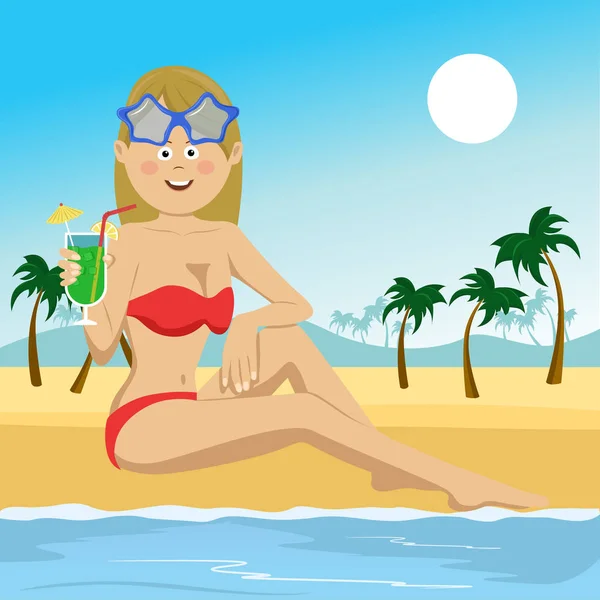 Giovane donna bikini con cocktail seduta sulla spiaggia tropicale — Vettoriale Stock