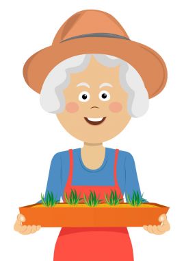 Hasır şapka bir tohum kutusu tutan kadınla mutlu yaşlı bahçıvan