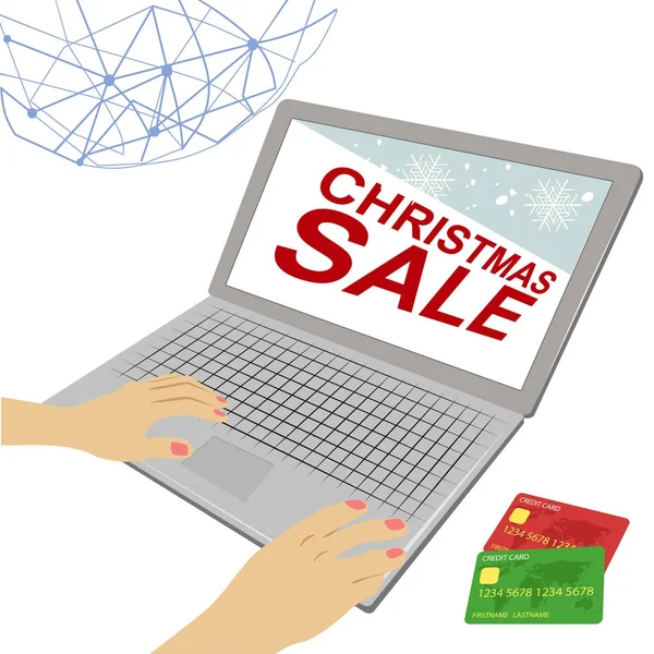 Mains féminines sur ordinateur portable avec texte de vente de Noël et cartes de crédit — Image vectorielle