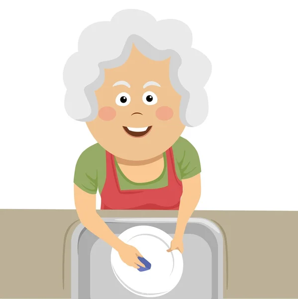 Vista superior da mulher idosa limpando os pratos com uma esponja — Vetor de Stock