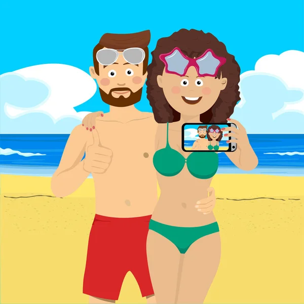Młoda para na plaży biorąc selfie zdjęcie — Wektor stockowy