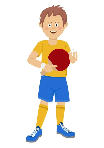 Glücklicher Teenager mit Tischtennisschläger und Ball in Sportkleidung auf weißem Grund — Stockvektor