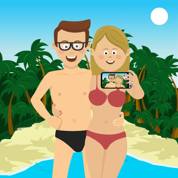 Couple heureux prenant des photos selfie à la plage tropicale — Image vectorielle