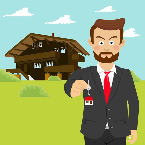 Férfi estate agent ingatlanügynök találat ház kulcsát ház előtt — Stock Vector