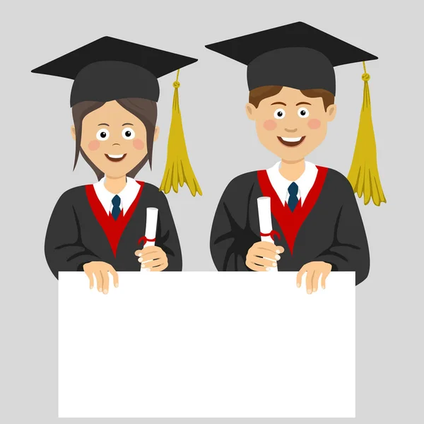 Graduated teenager boy and girl with an empty blank board — Stock Vector