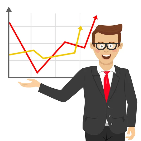 Młody biznesmen szczęśliwy z okularami Wyświetlono wykresy liniowe dodatnie — Wektor stockowy